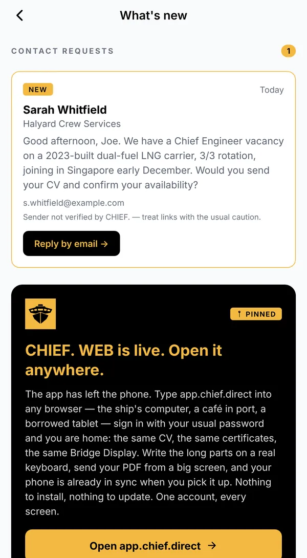 A contact request from a crewing company in the CHIEF. app (demo)