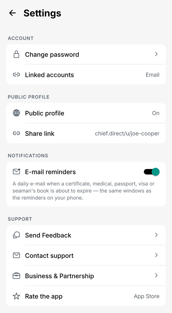 CHIEF. settings: e-mail reminders on, public profile link