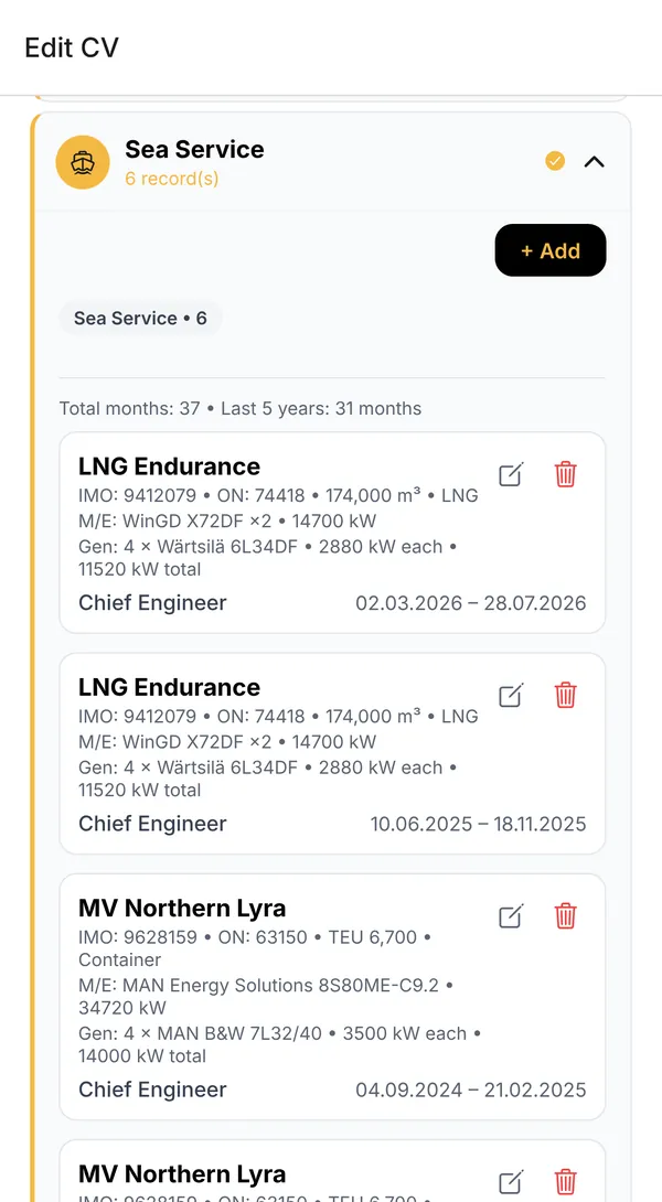 Sea service in CHIEF.: contracts with IMO, engine and generators, 37 months in total