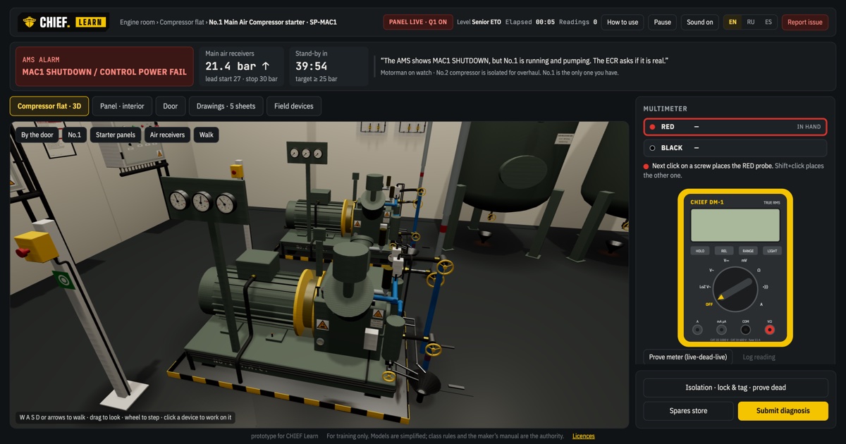 The 3D compressor room in the ETO Fault Finding trainer, with the multimeter and an AMS alarm